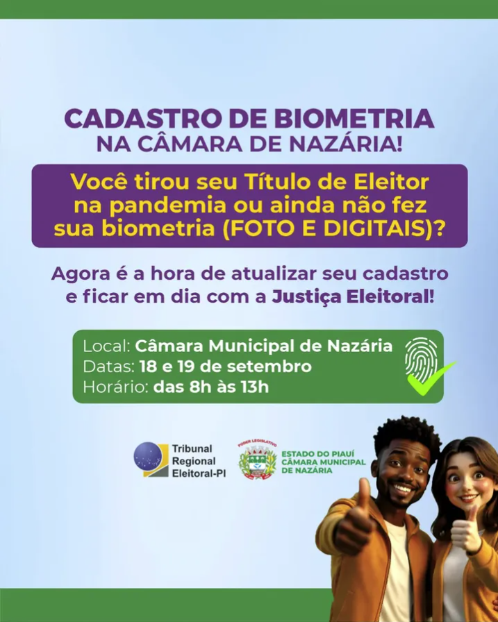 TRE-PI realiza atendimento para cadastramento biométrico em Nazária nos dias 18 e 19 de setembro