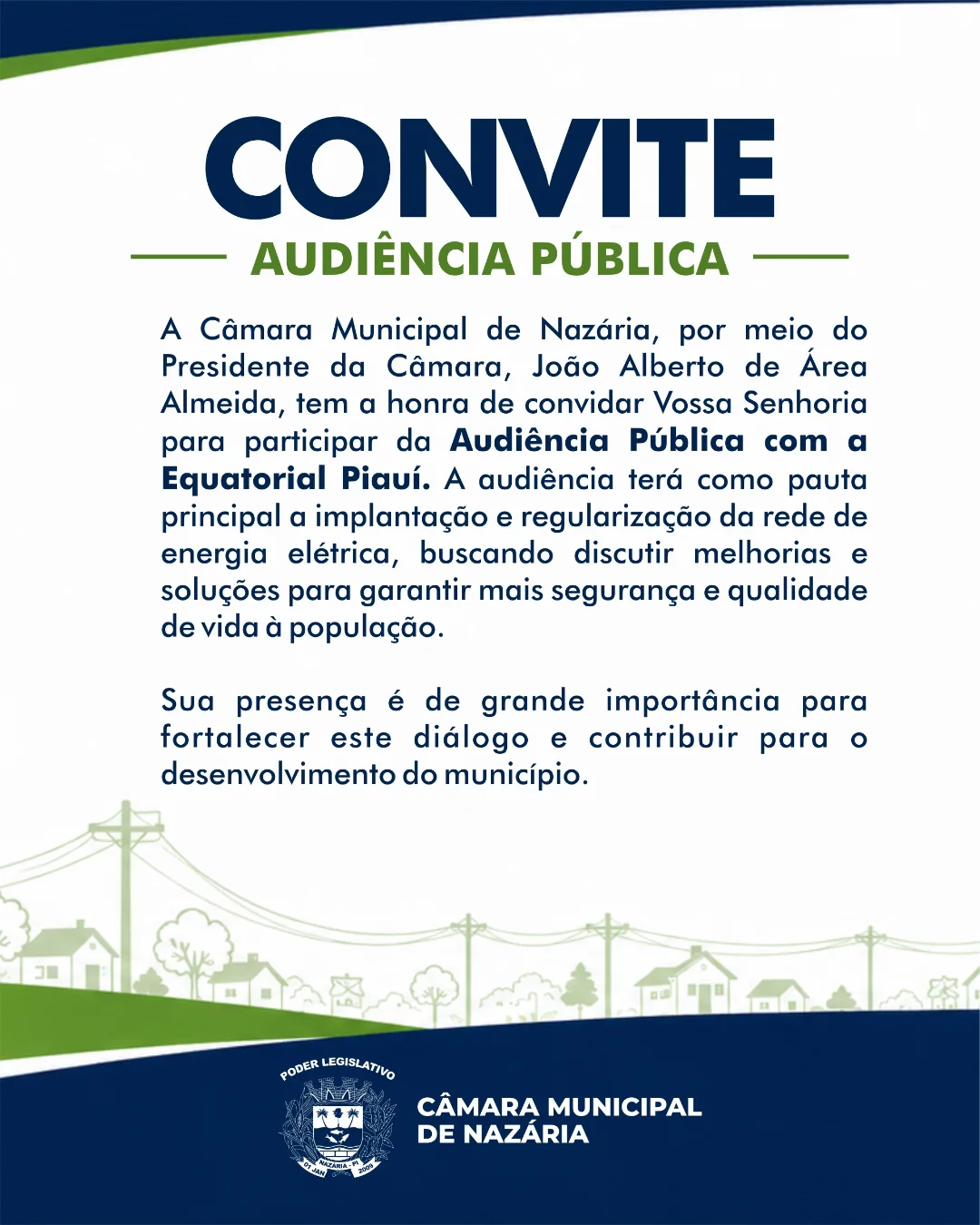 Câmara Municipal de Nazária realizará Audiência Pública com a Equatorial Piauí